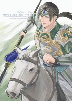 1boy 5ako0u armor artist_name breastplate brown_hair chinese_armor chinese_clothes chinese_zodiac closed_mouth coat commentary_request green_coat holding holding_polearm holding_reins holding_weapon horse horseback_riding long_hair male_focus pants parted_bangs polearm ponytail reins riding shin_sangoku_musou shin_sangoku_musou_origins shoulder_armor twitter_username weapon white_horse white_pants year_of_the_horse zhao_yun_(shin_sangoku_musou)