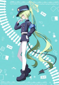 armband blue_archive blue_armband flat_chest full_body gloves green_hair green_halo halo hat highres long_hair nozomi_(blue_archive) pantyhose sasanoha_(sasanoha0712) train twintails very_long_hair white_gloves white_pantyhose yellow_eyes