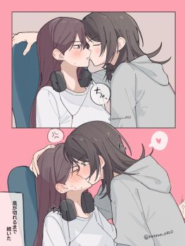 2girls anger_vein bang_dream! bang_dream!_it&#039;s_mygo!!!!! black_hair blue_eyes blush brown_hair closed_eyes commentary french_kiss grey_hoodie headphones headphones_around_neck heart highres hood hood_down hoodie imminent_kiss kiss long_hair medium_hair multiple_girls nanami_(nunnun_0410) open_mouth pink_background purple_eyes shiina_taki shirt spoken_anger_vein spoken_heart translation_request twitter_username white_shirt yahata_umiri yuri
