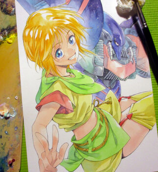 1girl agahari art_brush art_tools_in_frame blue_eyes commentary_request crop_top elpeo_puru garter_straps grin gundam gundam_zz jewelry looking_at_viewer mecha midriff miniskirt mobile_suit navel necklace orange_hair paintbrush painting_(medium) qubeley_mk_ii robot shirt short_hair short_sleeves skirt smile solo thighhighs thighs traditional_media w yellow_eyes yellow_shirt yellow_skirt yellow_thighhighs