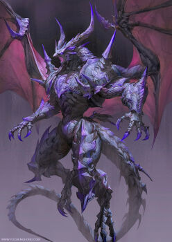 1boy angry armor artist_name claws concept_art dragon_boy dragon_horns dragon_tail dragon_wings fantasy flying full_body grey_background highres horns making-of_available male_focus midair monster monster_focus open_hands open_mouth original purple_claws purple_scales red_wings scales shingeki_no_bahamut shoulder_spikes solo spiked_arm spikes spread_wings tail watermark web_address wings yu_cheng_hong