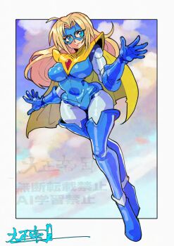 1girl blonde_blazer blonde_hair blue_gloves bodysuit boots cape dispatch eye_mask gloves highres impossible_bodysuit impossible_clothes long_hair mask oomasa_teikoku skin_tight smile solo superhero_costume thigh_boots watermark yellow_cape