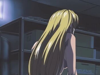00s 1boy 1girl 2001 animated animated_gif anime_screenshot ass bible_black bible_black_night_of_the_walpulgiss blonde_hair bouncing_ass breasts cowgirl_position drill_hair girl_on_top hetero huge_ass indoors long_hair minase_taki nude penis school sex shiraki_rika sideboob storage_room straddling tagme thighs uncensored vaginal
