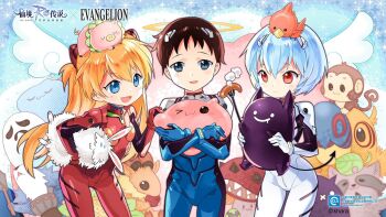 1boy 2girls :3 angel_wings angeling animal animal_on_head apple axe ayanami_rei baphomet_jr bird blue_bodysuit blue_eyes blue_hair blush bodysuit brown_hair closed_mouth commentary_request copyright_name cowboy_shot crossover demon deviling deviruchi dog eating food fruit ghost ghostring goat hair_between_eyes hair_ornament halo holding holding_animal holding_axe ikari_shinji kobold_(ragnarok_online) leaf leaf_on_head long_hair looking_at_another looking_at_viewer lunatic_(ragnarok_online) mao_yu marin_(ragnarok_online) mecha_pilot_suit monkey multiple_girls neon_genesis_evangelion on_head one_eye_closed open_mouth orange_hair oversized_animal peco_peco picky_(ragnarok_online) pig plugsuit_(evangelion) polearm poring rabbit raccoon ragnarok_online red_bodysuit red_eyes sausage savage_babe short_hair slime_(creature) smile smokie_(ragnarok_online) souryuu_asuka_langley sparkle spore_(ragnarok_online) standing steam teeth trident watermark weapon web_address white_bodysuit wings yoyo_(ragnarok_online)