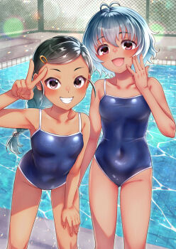 2girls absurdres antenna_hair ao_(yashuring) blue_one-piece_swimsuit blush braid breasts brown_eyes collarbone commentary_request commission covered_navel dark-skinned_female dark_skin day dot_nose grey_hair grin hair_ornament hairclip hand_on_own_thigh highres idolmaster idolmaster_cinderella_girls long_hair looking_at_viewer mole mole_under_eye multiple_girls narumiya_yume new_school_swimsuit one-piece_swimsuit open_mouth outdoors parted_bangs poolside school_swimsuit short_hair shuto_aoi sidelocks single_braid skeb_commission small_breasts smile standing sunlight swimsuit tan tareme teeth v water wavy_hair