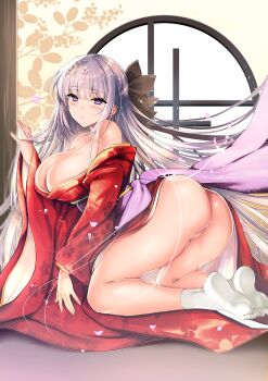 absurdres ass blush braid breasts cleavage closed_mouth collarbone commentary detached_sleeves floral_print floral_print_kimono flower grey_hair hair_flower hair_ornament hair_ribbon hand_in_own_hair highres japanese_clothes kimono kneeling large_breasts long_hair looking_at_viewer ninoko no_panties obi original print_kimono purple_eyes red_kimono ribbon sakurase_shino_(ninoko) sash sidelocks socks symbol-only_commentary thighs very_long_hair white_socks wide_sleeves