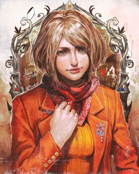 1girl absurdres aegyo_sal artist_name ashley_graham blonde_hair bob_cut character_name commentary copyright_name hand_up highres jacket kornart looking_at_viewer orange_jacket orange_sweater red_scarf resident_evil resident_evil_4 resident_evil_4_(remake) scarf short_hair solo straight-on sweater twitter_username