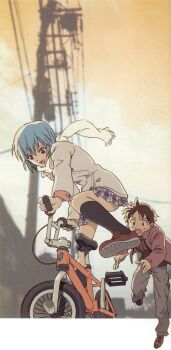 Rule 34 | 1boy, 1girl, :d, absurdres, ayanami rei, bicycle, black socks, blue hair, blush, brown hair, casual, cleaned, coat, highres, ikari shinji, jacket, kneehighs, neon genesis evangelion, official art, open clothes, open jacket, open mouth, pants, plaid clothes, plaid skirt, pleated skirt, pole, red eyes, red skirt, riding, scan, scarf, shoe soles, short hair, skirt, smile, socks, tagme, tsurumaki kazuya, winter clothes, winter coat