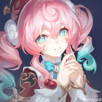 1girl absurdres aqua_eyes aqua_hair artist_name blue_background blue_eyes bow bowtie chinese_commentary commentary_request drill_hair english_text gradient_hair grin hair_between_eyes hat highres honkai:_star_rail honkai_(series) hyacine_(honkai:_star_rail) lanmei_nai_fu_ye long_hair long_sleeves looking_at_viewer multicolored_hair own_hands_together pink_hair simple_background smile solo symbol-shaped_pupils twin_drills twintails upper_body