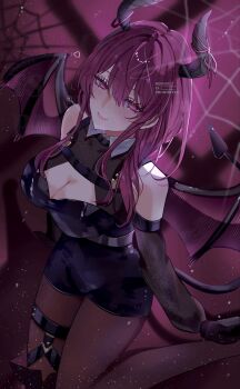1girl black_pantyhose black_unitard breasts commentary demon_girl demon_horns demon_wings fake_horns fake_tail fake_wings highres honkai:_star_rail honkai_(series) horns kafka_(honkai:_star_rail) large_breasts looking_at_viewer medium_hair nukoxx_02 pantyhose purple_eyes purple_hair silk smile solo spider_web tail thigh_strap wings
