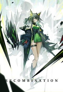 2girls absurdres arknights black_boots black_hair black_jacket black_shorts boots breasts commentary floating_hair green_eyes green_hair green_streaks highres jacket kal&#039;tsit_(arknights) kisaragi_pana medium_breasts mon3tr_(arknights) multiple_girls open_clothes open_jacket shorts silhouette thigh_strap