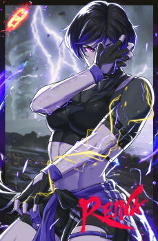 1girl black_hair black_shirt breasts character_name commentary fingerless_gloves gloves highres jacket jhony_caballero looking_at_viewer medium_breasts multicolored_hair purple_hair purple_jacket reina_(tekken) shirt short_hair solo tekken tekken_8 tied_jacket two-tone_hair