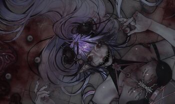 1girl bare_shoulders black_bra black_collar black_streaks blood blunt_bangs bra breasts collar commentary disembodied_eye double_bun ear_piercing english_commentary extra_pupils eyeball fangs fingernails glasgow_smile guro hair_bun hair_sprinkles heart_hair_bun highres holding holding_eyeball indie_virtual_youtuber intestines large_breasts lipstick long_hair looking_at_viewer lying makeup mascara me0wma0 multicolored_hair nose on_back open_mouth organs piercing pointy_ears purple_hair red_eyes red_lips runny_makeup sharp_teeth solo spikes sprinkle_hershy sprinkles streaked_hair teeth underwear upper_body vampire virtual_youtuber