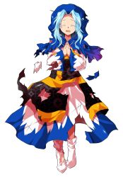 1girl alphes_(style) blue_hair blue_hood clenched_hands closed_eyes commentary_request crying dairi dress frills full_body hands_up highres holding hood hood_up hoop jewelry kesa kumoi_ichirin large_variant_set long_hair long_sleeves multicolored_dress necklace own_hands_clasped own_hands_together parody pendant smile socks solo standing style_parody tachi-e torn_clothes torn_dress torn_hood torn_sleeves torn_socks touhou transparent_background variant_set wide_sleeves