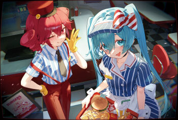 2girls aqua_eyes aqua_hair blush bow burger commentary dress drill_hair english_commentary food french_fries gloves hair_between_eyes hand_up hat hatsune_miku highres holding holding_tray kasane_teto kokko_(kokko3045) long_hair looking_at_viewer multiple_girls one_eye_closed open_mouth pants red_eyes red_hair red_hat red_pants short_sleeves straight_hair striped_bow striped_clothes striped_dress suspenders tray twintails vertical-striped_clothes vertical-striped_dress vocaloid white_wrist_cuffs wrist_cuffs yellow_gloves
