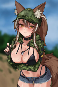 1girl absurdres animal_ear_fluff animal_ears arm_under_breasts baseball_cap bikini bikini_pull black_bikini black_choker black_gloves blue_shorts blurry blurry_background breasts bt_(user_udwc7853) callisto_(greyeth) camouflage camouflage_hat camouflage_jacket choker cleavage clothes_pull commission cowboy_shot crop_top cropped_jacket cutoffs denim denim_shorts dog_tags ears_through_headwear fingerless_gloves fox_ears fox_girl fox_tail gloves green_hat green_jacket hat highleg highleg_bikini highres jacket large_breasts long_hair long_sleeves looking_at_viewer micro_shorts midriff navel open_clothes original pulling_own_clothes shorts solo stomach strap_pull string_bikini sweat swimsuit tail