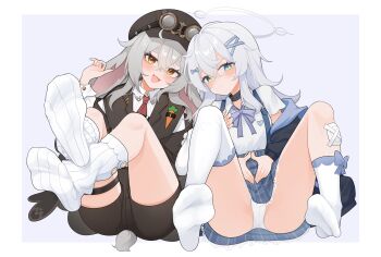 2girls absurdres blue_eyes blush brown_eyes feet green_eyes grey_hair hat heterochromia highres long_hair looking_at_viewer multiple_girls open_mouth panties pantyshot socks soles underwear white_socks wl217_(nicexa111)