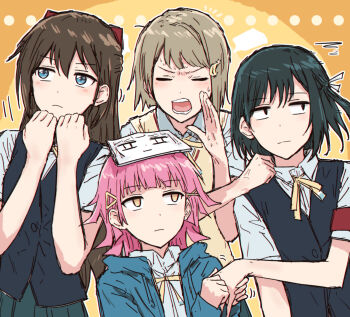 Rule 34 | 4girls, black hair, black vest, blue eyes, blue jacket, bow, brown hair, closed eyes, closed mouth, commentary request, crescent, crescent hair ornament, expressionless, frown, hair bow, hair ornament, half updo, hand massage, highres, hood, hooded jacket, jacket, jitome, light frown, long sleeves, looking at another, love live!, love live! nijigasaki high school idol club, mifune shioriko, multiple girls, nakasu kasumi, neck ribbon, nervous sweating, nijigasaki 1st years, object on head, open clothes, open jacket, open mouth, osaka shizuku, red bow, ribbon, rina-chan board, short hair, sketchbook, star (symbol), star hair ornament, sweat, sweater vest, teeth, tennoji rina, v-shaped eyebrows, vest, yellow eyes, yellow ribbon, yellow sweater vest, yukitake (bullfalk)