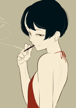 Rule 34 | 1girl, absurdres, black eyes, black hair, bob cut, commentary request, dress, flat chest, halterneck, hieda yawe, highres, mouth hold, original, red dress, sanpaku, short hair, shoulder blades, simple background, smile, smoking, upper body