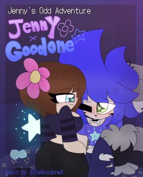 1boy 1girl animal_ears ass back black_pants blue_eyes blue_hair blue_shirt blush bone borrowed_character breasts brown_hair collar cover cover_page cropped_shirt flower from_behind furry furry_male goodone_(xthegoodonex) hair_flower hair_ornament hand_on_own_hip highres jenny_belle_(slipperyt) large_breasts long_sleeves looking_at_another minecraft original pants shirt short_hair smile smug star_(symbol) striped_clothes sweat tail title toon_(style) wide_hips wolf wolf_boy wolf_ears wolf_tail xthegoodonex