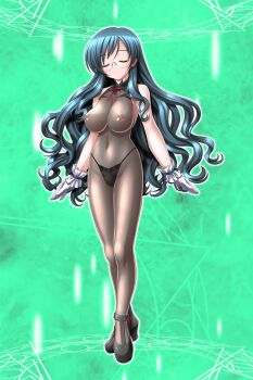 1girl bodystocking bodysuit breasts closed_eyes covered_erect_nipples game_cg glasses gloves green_hair henshin high_heels highres higuchi_isami large_breasts large_variant_set long_hair magic_circle mahou_shoujo_sae nipples nishijima_shouko non-web_source official_art panties rimless_eyewear see-through_clothes skin_tight solo underwear variant_set very_long_hair