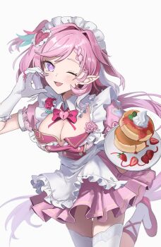 1girl bow breasts cleavage diamond-shaped_pupils diamond_(shape) dress elf elysia_(hi_love_elf)_(honkai_impact) elysia_(honkai_impact) food gloves half-heart_hands highres honkai_(series) honkai_impact_3rd large_breasts long_hair looking_at_viewer multicolored_hair one_eye_closed open_mouth pink_bow pink_dress pink_hair pink_shoes pointy_ears purple_eyes shoes short_sleeves simple_background solo symbol-shaped_pupils thighhighs uehara_suiyo very_long_hair white_background white_gloves white_hair white_thighhighs