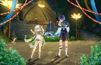 1boy 2girls absurdres anemo_symbol_(genshin_impact) animal_print anklet armlet armor armpits arms_behind_back arms_up artist_name belt bird_print black_belt black_bodysuit black_bow black_bridal_gauntlets black_leggings black_sandals black_shorts bloomers blue_cape blue_eyes blue_flower blue_gemstone blue_hair blue_kimono blue_sleeves blunt_ends blurry blurry_background bodysuit bow bracelet bridal_gauntlets bush cape chandelier choppy_bangs closed_eyes closed_mouth clothing_cutout covered_collarbone dancing detached_sleeves dress eyelashes feathers fireflies flower fountain full_body furisode game_screenshot_background gem genshin_impact gold gold_trim gradient_hair green_cape green_hair green_sleeves hair_ornament hakama hakama_shorts head_down heart heart_hair_ornament height_difference highres hip_vent instagram_logo instagram_username japanese_armor japanese_clothes jewelry juban kimono kote kurokote lamppost layered_sleeves leaf leaf_hair_ornament leg_warmers leggings long_hair looking_at_another multicolored_hair multiple_girls nahida_(genshin_impact) night open_clothes open_hands open_kimono open_mouth outdoors plant pleated_shorts pointy_ears pom_pom_(clothes) purple_bow purple_hair purple_sash sandals sash scaramouche_(genshin_impact) screenshot_background shimmeringiris short_sleeves shorts shoulder_peek side_ponytail sidelocks signature smile socks stage streaked_hair sumeru_city tassel teeth toeless_socks toes tsurime twitter_logo twitter_username underwear upper_teeth_only vision_(genshin_impact) wanderer_(genshin_impact) white_bloomers white_dress white_hair white_kimono white_leg_warmers white_sleeves white_socks yellow_feathers zouri