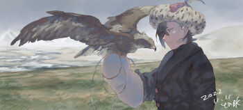 bird black_coat black_hair closed_mouth coat commentary_request dated fate/grand_order fate_(series) fur_hat hat hawk highres male_focus mandricardo_(fate) mittens outdoors overcast signature sky smile upper_body white_mittens ymbk_(ymym_oh)