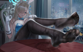 1girl absurdres animal_ears aqua_leotard asuna_(blue_archive) asuna_(bunny)_(blue_archive) black_pantyhose blue_archive blue_bow blue_bowtie blue_eyes blue_halo blue_leotard blue_ribbon bow bowtie breasts cang_se_ye_hua dorsiflexion fake_animal_ears feet feet_on_table foot_focus gloves hair_over_one_eye halo highres large_variant_set legs leotard long_hair looking_at_viewer no_shoes pantyhose playboy_bunny rabbit_ears ribbon smile soles strapless strapless_leotard table thighband_pantyhose toe_seam toes variant_set wet wet_clothes wet_pantyhose white_gloves