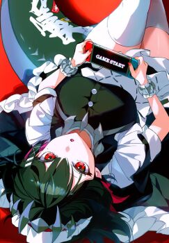 1girl adapted_costume black_dress black_hair black_shoes breasts colored_inner_hair commentary_request cowboy_shot dress ellen_joe fins fish_tail frilled_wristband hairband handheld_game_console highres holding holding_handheld_game_console large_breasts looking_at_viewer lying maid_headdress metal_hairband mole mole_under_eye multicolored_hair nintendo_switch on_back razor_blade_hair_ornament red_background red_eyes red_nails scar scar_on_tail shark_girl shark_tail shoes short_hair solo spiked_headband tail thighhighs upside-down white_thighhighs zenless_zone_zero zuco