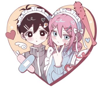 1boy 1girl :< :o alternate_costume alternate_hair_length alternate_hairstyle antenna_hair apron aubrey_(faraway)_(omori) aubrey_(omori) baseball_bat black_eyes black_hair blue_eyes blue_jacket blush border bow breasts brown_nails closed_mouth crossed_bandaids double-parted_bangs double_bun egg_hair_ornament enmaided film_grain food-themed_hair_ornament frilled_apron frills grey_jacket hair_behind_ear hair_between_eyes hair_bun hair_ornament hairclip hand_up hashtag-only_commentary headdress heart heart_border heart_hair_ornament highres inward_v jacket jersey_maid long_sleeves looking_at_viewer maid maid_apron maid_headdress multicolored_nails nail_(hardware) nail_bat nail_polish omori open_mouth pale_skin parallel_hairclips pink_hair puffy_long_sleeves puffy_sleeves red_nails short_hair sidelocks simple_background small_breasts sunny_(omori) tareme tsurime turtleneck turtleneck_jacket unconventional_maid upper_body v v_over_mouth very_low_bun very_short_hair waist_apron white_apron white_border white_bow white_headdress wktdms1 x_hair_ornament yellow_background zipper