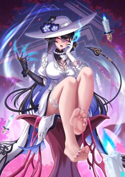 1girl absurdres barefoot black_hair blue_fire candle constance_(honkai:_star_rail) demon_tail feet fire hand_on_own_cheek hand_on_own_face highres honkai:_star_rail honkai_(series) large_hat light_blush long_hair looking_at_viewer mole mole_under_eye open_mouth pink_eyes purple_eyes soles tail toes zekong_pioneer