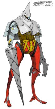 absurdres character_name commentary_request drill_hand getter-2 getter_robo glowing glowing_eyes highres mecha mecha_focus peter_(peter6409) robot signature solo standing thrusters white_background yellow_eyes