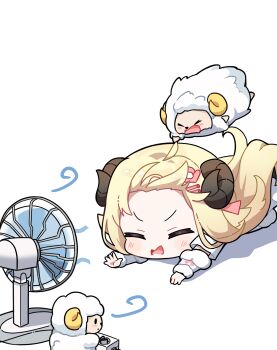 1girl @_@ blonde_hair blown_away blue_eyes chibi chibi_only closed_eyes commentary_request electric_fan forehead hair_ornament hairclip highres hololive horns hot kiwipodo light_blush long_hair lying on_stomach open_mouth parallel_hairclips sheep sheep_horns sidelocks simple_background solo tsunomaki_watame tsunomaki_watame_(1st_costume) virtual_youtuber white_background wind