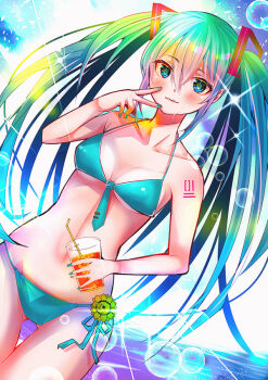 1girl arm_tattoo bikini blue_background blue_eyes blue_hair blue_nails blue_necktie blush breasts bubble cleavage cup drink dutch_angle hair_between_eyes hatsune_miku holding holding_cup holding_drink lens_flare long_hair medium_breasts necktie ocean solo sumimeno sweat swimsuit tattoo twintails very_long_hair vocaloid wavy_mouth
