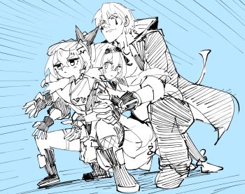 1boy 2girls 6sakuu absurdres back-to-back behind_another caelus_(honkai:_star_rail) closed_mouth eyewear_on_head facial_mark fingerless_gloves firefly_(honkai:_star_rail) full_body gloves hairband highres honkai:_star_rail honkai_(series) hunter_x_hunter jacket leaning_back motion_lines multiple_girls pants parody scene_reference serious shorts silver_wolf_(honkai:_star_rail) speed_lines squatting trailblazer_(honkai:_star_rail)