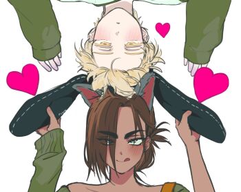 1boy 1girl :q alien_stage animal_ears blonde_hair brown_hair colored_eyelashes commentary dark-skinned_female dark_skin fake_animal_ears grabbing_another&#039;s_ear green_sweater grey_eyes hand_on_another&#039;s_ear hashtag-only_commentary heart highres hyuna_(alien_stage) looking_at_another looking_up luka_(alien_stage) official_alternate_costume rabbit_ears sweater tongue tongue_out wolf_ears yellow_eyes ziqua92