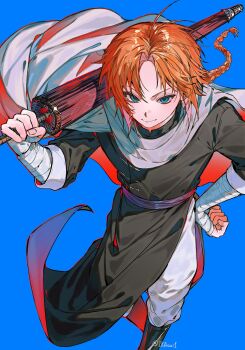 1boy arm_up bandaged_arm bandages black_boots black_robe blue_background blue_eyes boots braid cape chinese_clothes closed_mouth commentary_request gintama hand_on_own_hip highres holding holding_umbrella ikaooi1 kamui_(gintama) male_focus pants parted_hair red_hair robe sash simple_background single_braid smile solo umbrella white_cape white_pants