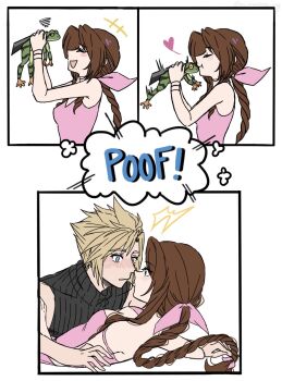 1boy 1girl aerith_gainsborough bare_shoulders black_shirt blonde_hair blush bracelet braid braided_ponytail breasts brown_hair buster_sword closed_eyes cloud_strife dress final_fantasy final_fantasy_vii final_fantasy_vii_remake frog hair_ribbon hetero highres hu_manbee_ing jewelry kiss looking_at_another medium_breasts open_mouth parted_bangs parted_lips pink_dress pink_ribbon ribbed_shirt ribbon shirt sidelocks single_braid sleeveless sleeveless_dress sleeveless_turtleneck smile squiggle strap_slip sword sword_on_back turtleneck weapon weapon_on_back white_background
