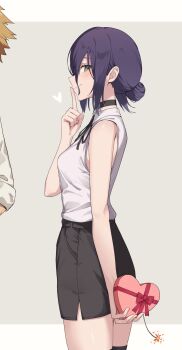 Rule 34 | 1boy, 1girl, black choker, black ribbon, black thighhighs, blonde hair, blush, bomb, box, breasts, chainsaw man, choker, closed mouth, collared shirt, commentary, denji (chainsaw man), english commentary, explosive, finger to mouth, gift, gift box, green eyes, hair between eyes, hair bun, heart, heart-shaped box, highres, holding, holding box, lit fuse, long hair between eyes, looking at viewer, neck ribbon, pleated skirt, profnote, purple hair, reze (chainsaw man), ribbon, shirt, short hair, single hair bun, skirt, sleeveless, sleeveless shirt, smile, solo focus, thighhighs, white shirt