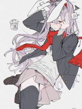 >_o 1girl animal_ears black_jacket black_thighhighs blush brown_shoes chibi chibi_inset closed_mouth commentary cowboy_shot hair_between_eyes hair_intakes hands_up highres jacket layered_sleeves long_sleeves miniskirt moimoi_(moimoihituji) multiple_views one_eye_closed open_clothes open_jacket pink_skirt pleated_skirt purple_hair rabbit_ears rabbit_girl red_eyes red_scarf reisen_udongein_inaba ribbed_sweater scarf shoes simple_background skirt sweater symbol-only_commentary thighhighs touhou white_background white_sweater