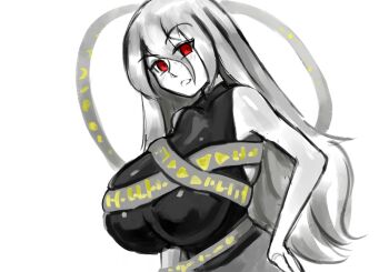 Rule 34 | 103anon, 1girl, breasts, commentary request, grey sash, hand on own hip, highres, huge breasts, long hair, looking at viewer, red eyes, sleeveless, touhou, upper body, very long hair, white background, white hair, yuiman asama