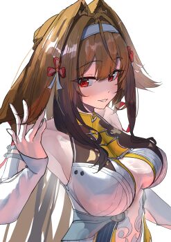 1girl absurdres armlet armpits bare_shoulders breasts brown_hair china_dress chinese_clothes clover clover_hair_ornament collarbone commentary_request dress droopy_ears hair_intakes hair_ornament hairband hand_up highres jewelry large_breasts long_hair looking_to_the_side parted_lips red_eyes see-through_clothes silver_armlet simple_background solo tora_(kumo_sakamoto) upper_body very_long_hair white_background white_hairband ye_shunguang zenless_zone_zero