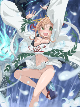 1girl blonde_hair breasts censored feet foot_out_of_frame green_eyes highres japanese_clothes legs long_sleeves magia_record:_mahou_shoujo_madoka_magica_gaiden magical_girl mahou_shoujo_madoka_magica medium_breasts medium_hair miko mosaic_censoring nipples no_bra no_panties okobo open_mouth platform_clogs platform_sandals pussy sandals satori_kagome satori_kagome_(100_demons_ver.) toenails toes you2