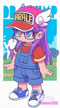 1girl artist_name blue_eyes blue_overalls blue_shoes closed_mouth commentary_request dr._slump full_body glasses hat highres long_hair norimaki_arale overalls purple_hair red_shirt shirt shisui shoes short_sleeves sidelocks smile sneakers solo standing