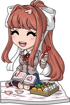 1girl ^_^ artist_request bento blue_skirt blush book breasts brown_hair brown_thighhighs closed_eyes collared_shirt commentary deformed doki_doki_literature_club doki_doki_literature_club_school_uniform english_commentary eyelashes food full_body grey_jacket hair_intakes hair_ribbon holding holding_book holding_pen jacket kneeling long_hair long_sleeves merchandise_available monika_(doki_doki_literature_club) no_nose official_art open_book open_mouth orange_sweater_vest pen petals picnic_blanket pink_petals ponytail ribbon school_uniform second-party_source shirt shoes sidelocks skirt smile solo sweater_vest teeth thighhighs transparent_background upper_teeth_only white_ribbon white_shirt white_shoes youtooz