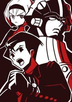 1boy 1girl :o absurdres big_o_(mecha) black_gloves black_headband fish formal_clothes frown gloves headband highres limited_palette long_sleeves miyavehobby r_dorothy_wayneright ringed_eyes robot roger_smith suit the_big_o upper_body watch wristwatch