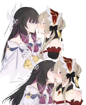 2girls bare_shoulders black_hair blue_eyes blush braid braided_bun closed_eyes closed_mouth columbina_(genshin_impact) commentary dress genshin_impact gloves grey_hair hair_bun hashtag-only_commentary headdress highres imminent_kiss long_hair multiple_girls purple_streaks sandrone_(genshin_impact) simple_background stsepfe tongue tongue_out white_background white_dress white_gloves yuri