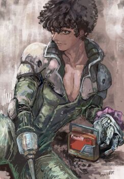 Rule 34 | 1boy, afro, bodysuit, brown background, brown eyes, brown hair, closed mouth, commentary, dark-skinned male, dark skin, daryl lorenz, english commentary, green bodysuit, gundam, gundam thunderbolt, highres, male focus, mecha pilot suit, normal suit (gundam), okrdisk2000, pectoral cleavage, pectorals, prosthesis, prosthetic arm, radio, sitting, solo