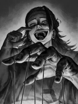 Rule 34 | 1boy, absurdres, bh20647, finger to eye, from below, getou suguru, getou suguru (kenjaku), greyscale, hair bun, hair pulled back, highres, jujutsu kaisen, kesa, laughing, long hair, male focus, monochrome, one eye closed, open mouth, plug (piercing), realistic teeth, solo, stitched forehead, tears, teeth, tongue